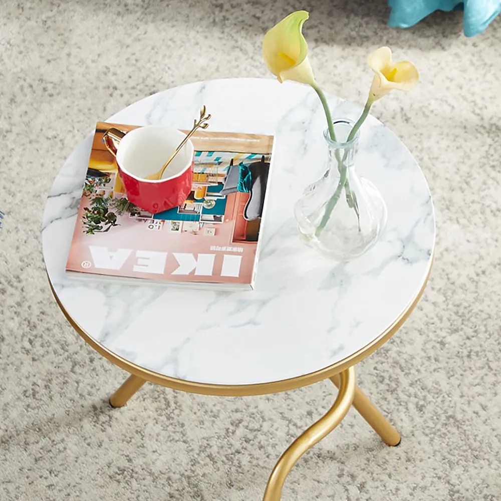 White Round End Table with Marble Top Side Table window image