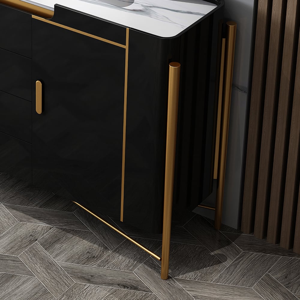 Modern White and Black Sideboard Cabinet with Drawers & Faux Marble Top Gold Legs window image