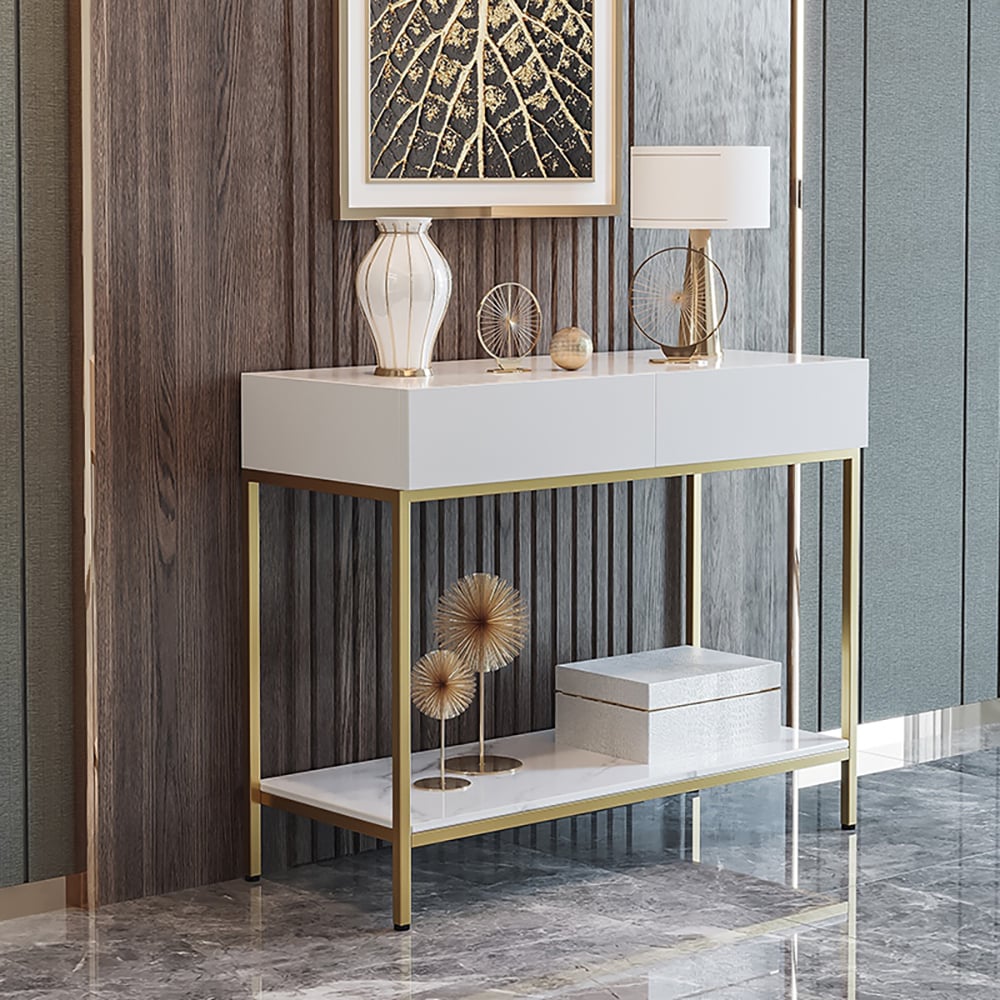 White Console Table with Drawers & Shelf Metal Frame window image
