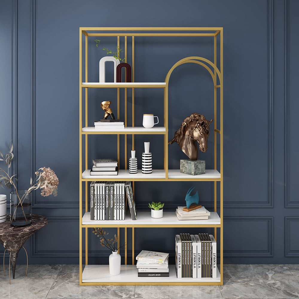 1800mm Rectangle 5-Tiered Freestanding Etagere Bookshelf in Gold & White window image