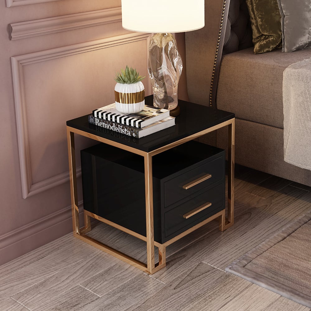 Black Side Table with Two-Drawer End Table Stainless Steel in Gold window image