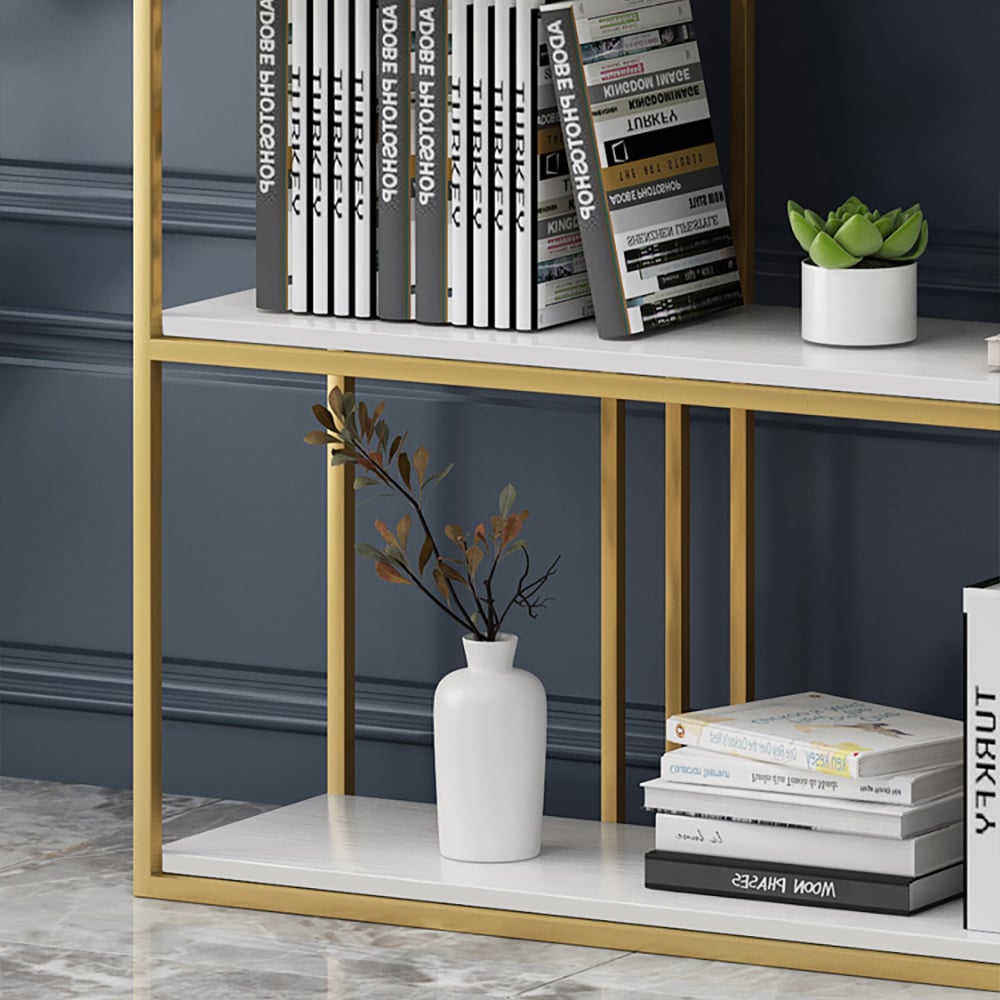 1800mm Rectangle 5-Tiered Freestanding Etagere Bookshelf in Gold & White window image