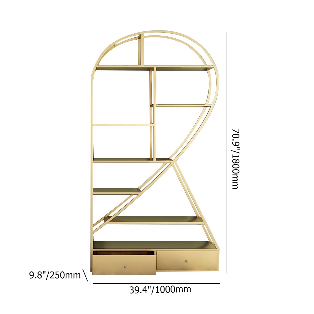 Unique Gold Metal Etagere Bookshelf with 2 Drawers Piece 1 window image