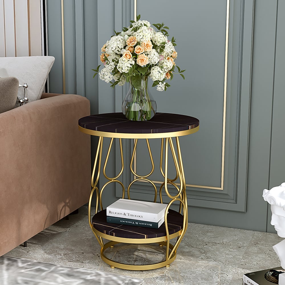 Modern Round Black Side Table with Sintered Stone Top & Metal Base window image