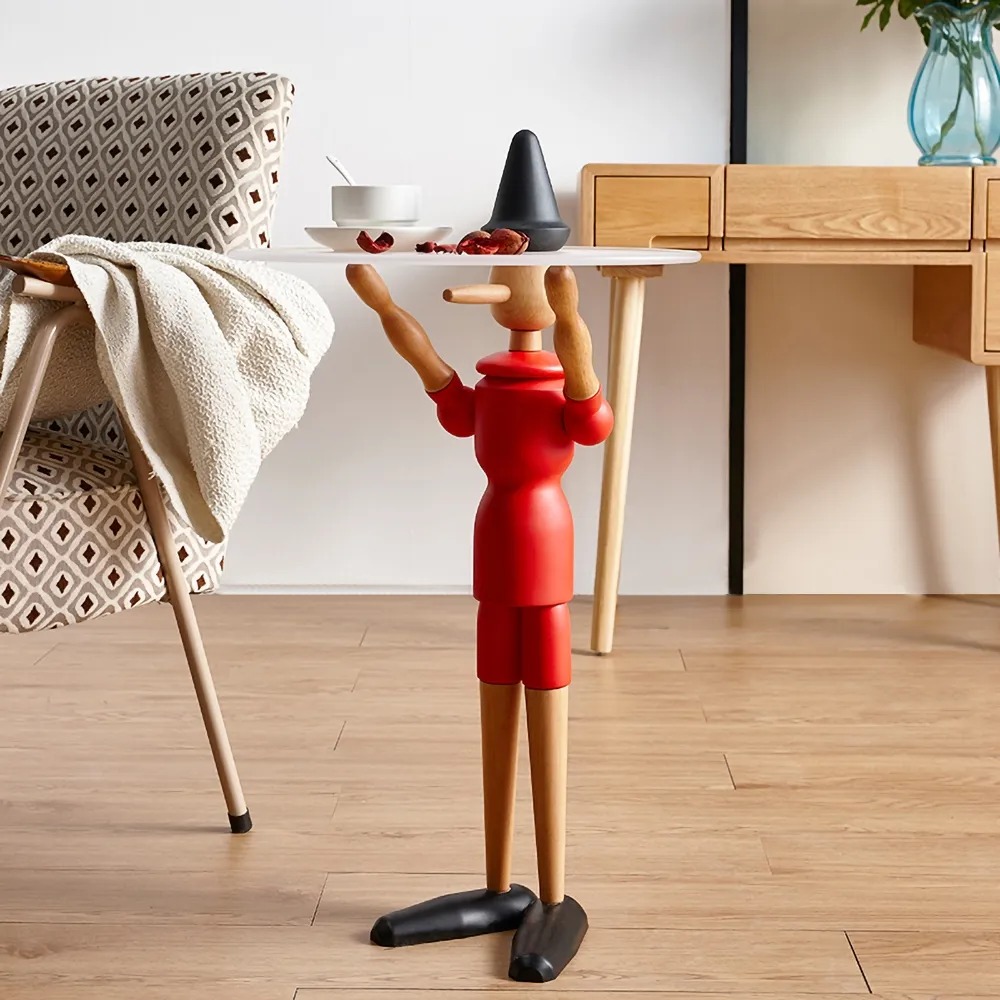 Red Standing Puppet End Table Oval Top Side Table Beech Wood window image