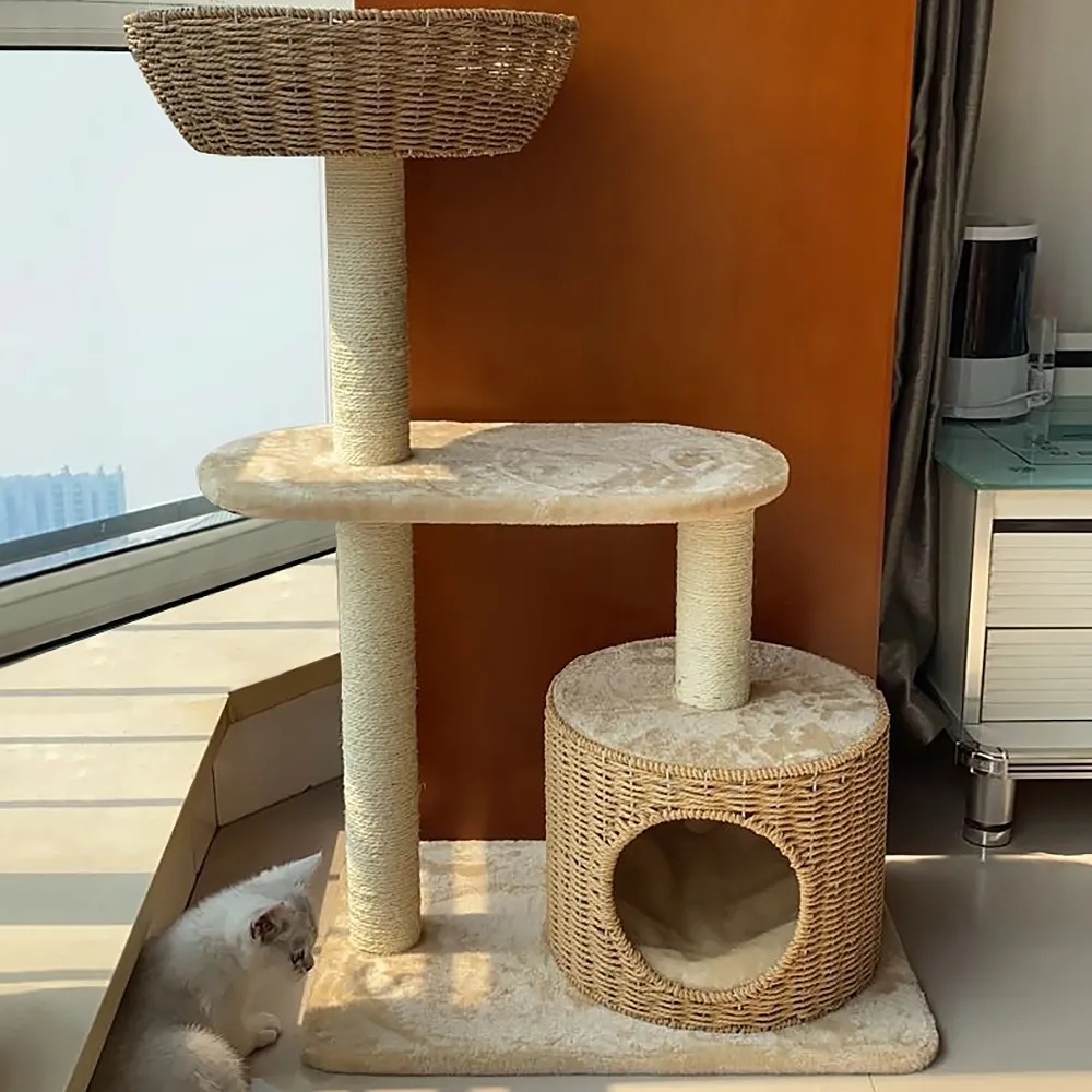 37.8" Woven Cat Tree Pet Nest and Condo Velvet Sisal Scratching Post 3 Tier window image