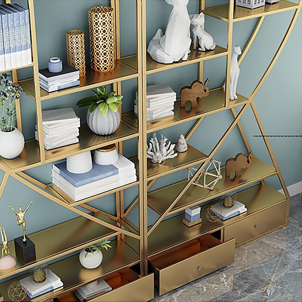 Unique Gold Metal Etagere Bookshelf with 2 Drawers Piece 1 window image