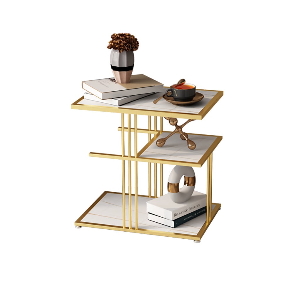 White Rectangle End Table with Shelf Metal Frame 3-Tiers window image