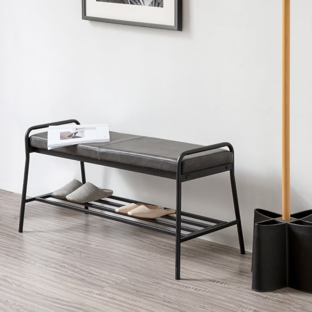 Modern Grey Upholstered Bench with Shoe Storage Shelf for Hallway in Metal Black window image