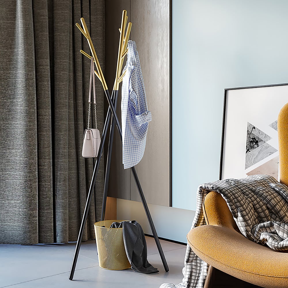 Black and Gold Coat Clothing Stand Metal Coat Tree Stand window image