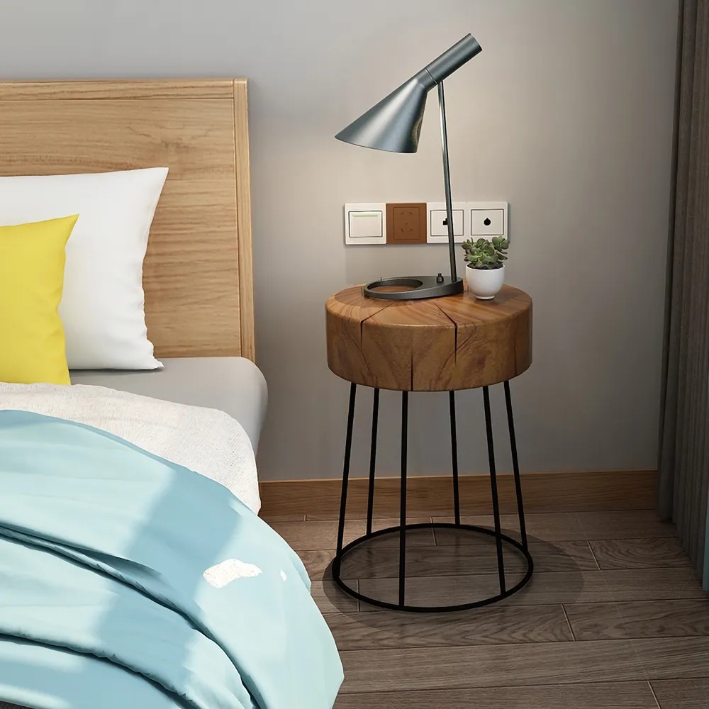 Modern Round End Table Metal Side Table with Wooden Top Walnut window image