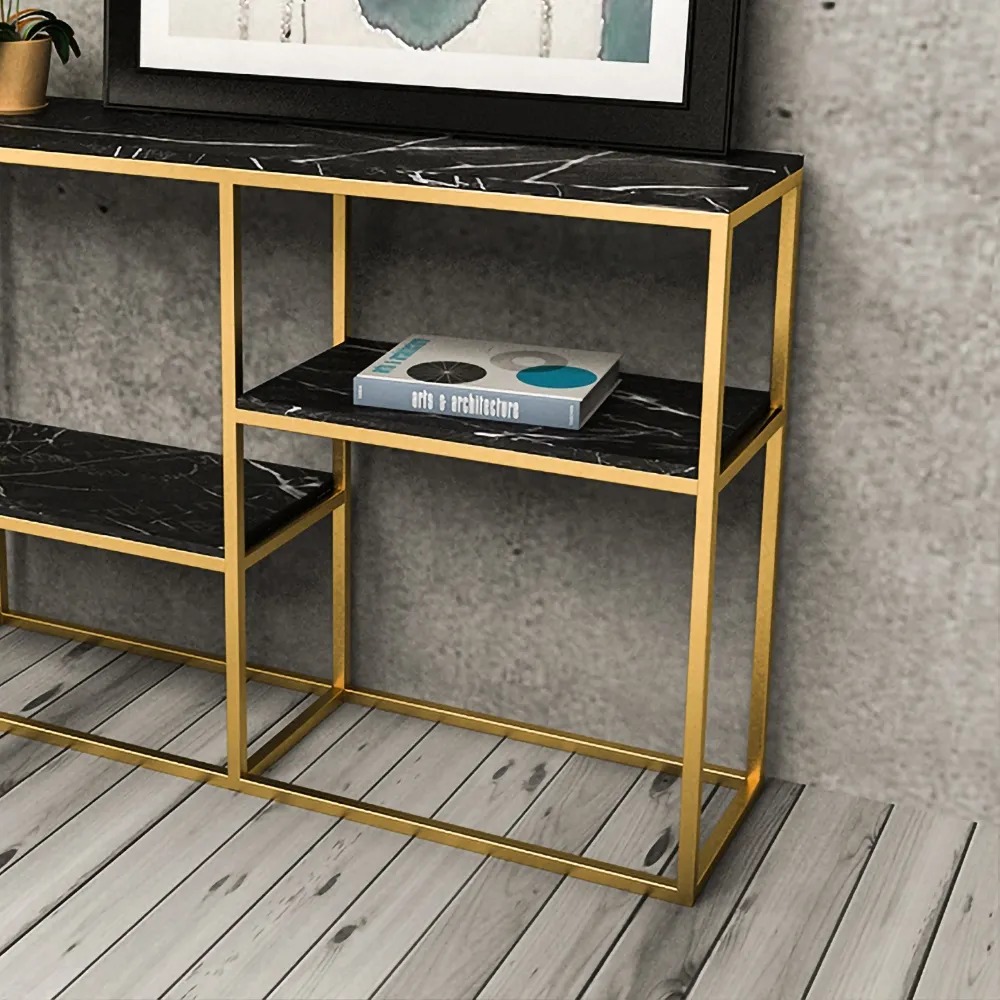 Black Narrow Console Table with Shelves Marble Top & Metal Frame window image