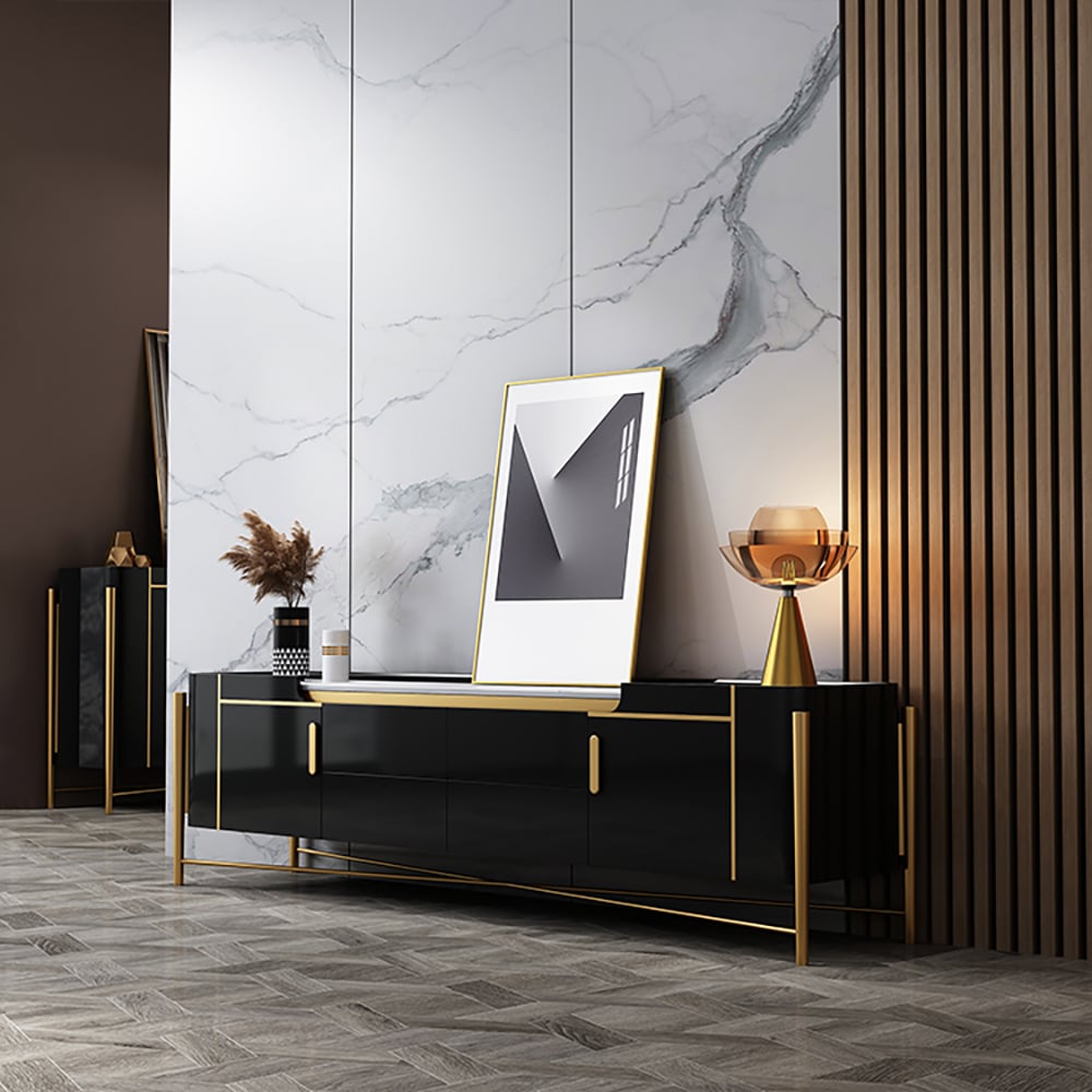 Meuble TV blanc et noir pour téléviseurs jusqu'à 75 pouces en or avec rangement supérieur en faux marbre, 2 portes et 4 tiroirs image de fenêtre