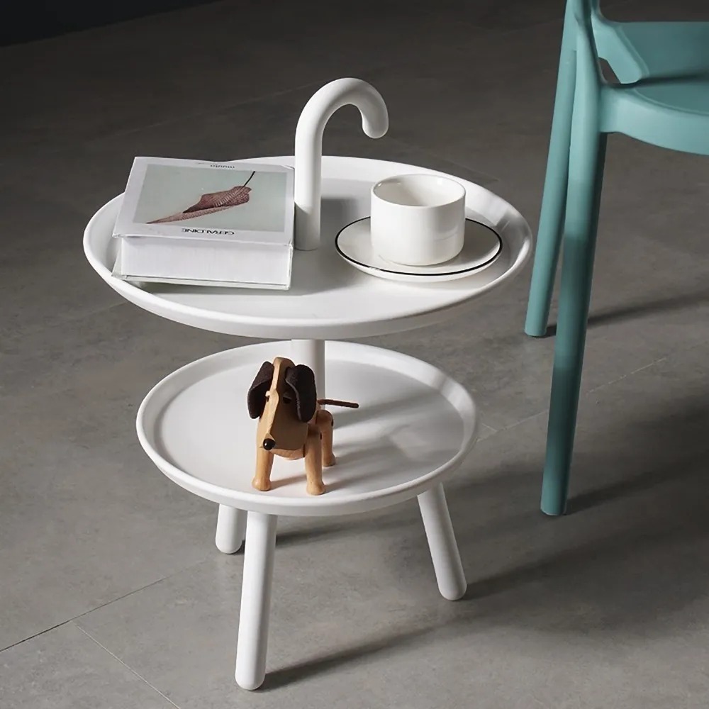 White Round Side Table PP Plastic with 2-Shelf End Table window image