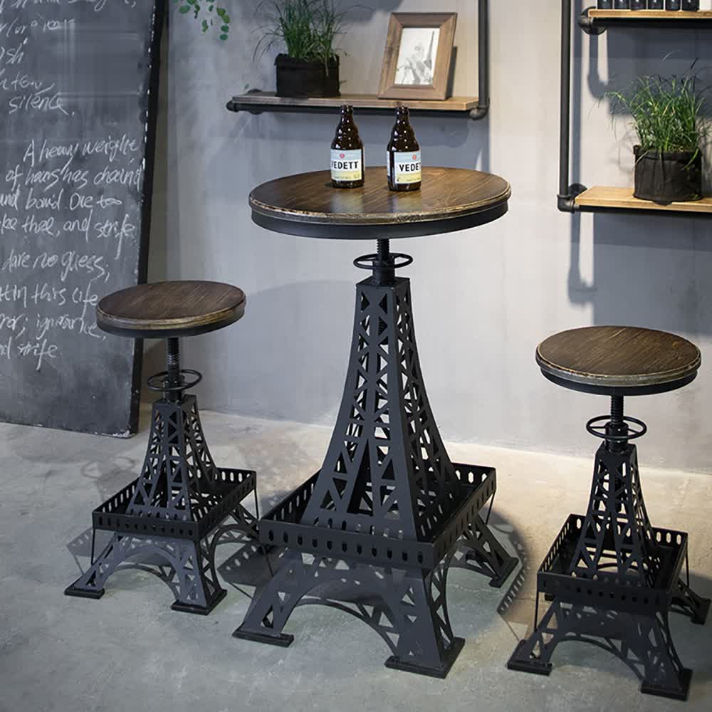 Industrial Bar Set with Stools Wood Top & Metal Base Adjustable Height Table & Bar Stools window image