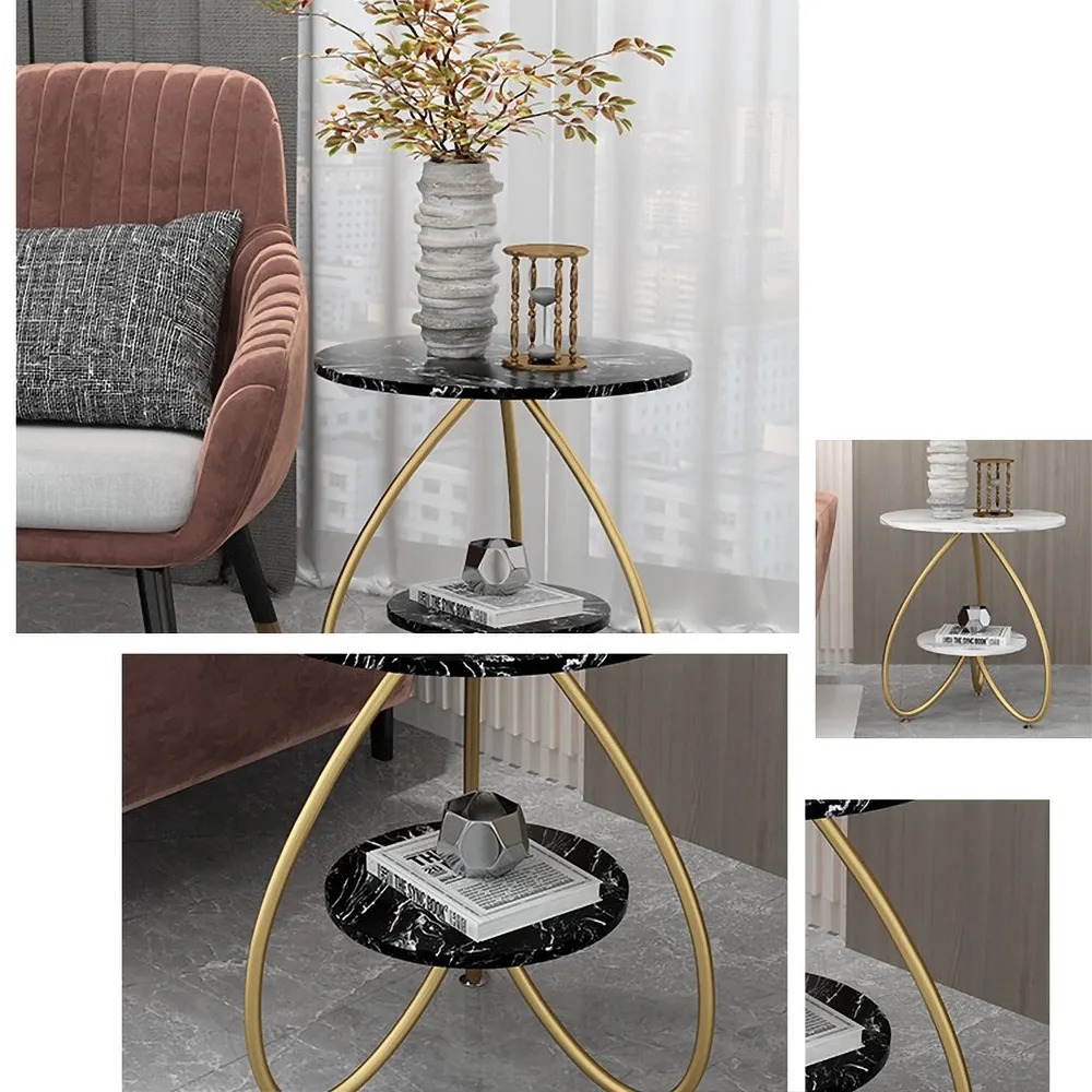 Black End Table 2-Tiered with Shelf Marble Top Side Table Metal window image