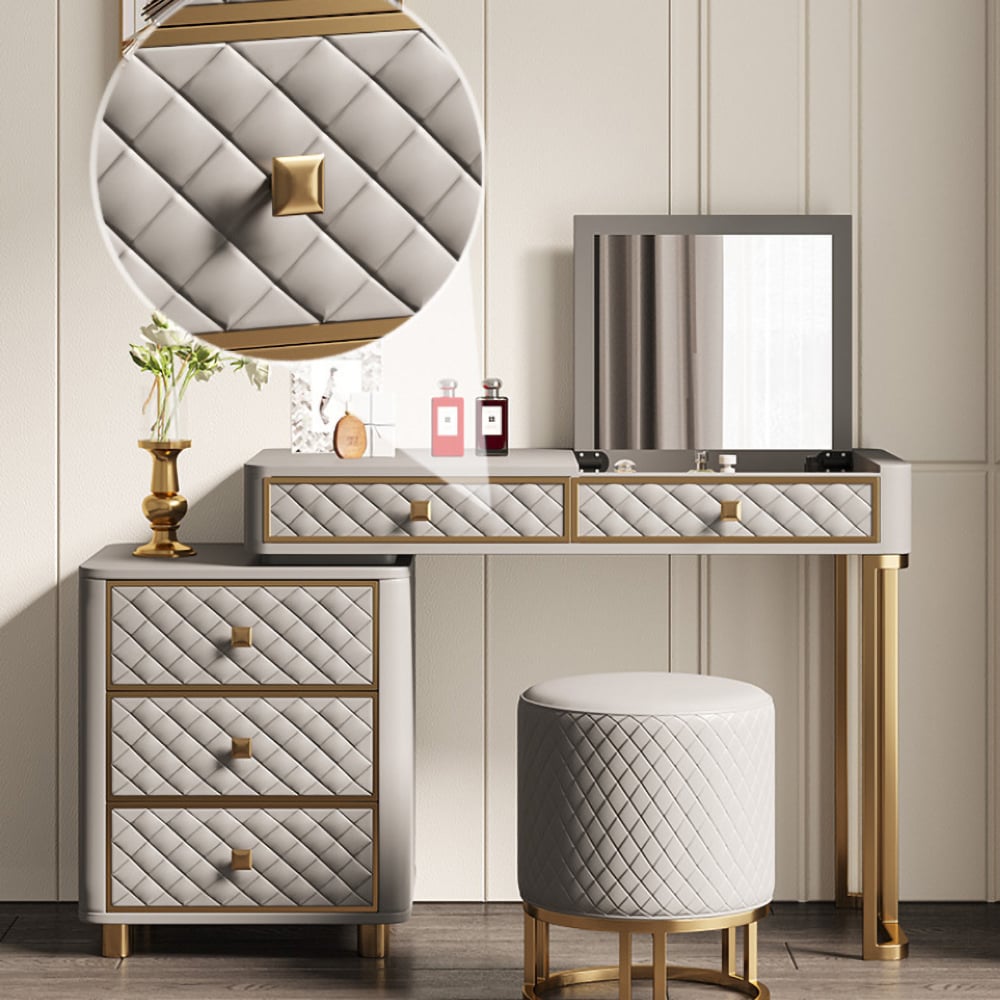 Grey Makeup Vanity Set Flip Top Dressing Table with Cabinet window image
