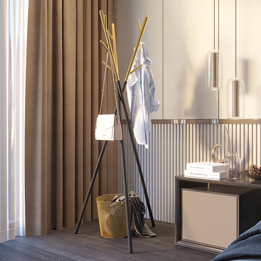 Black and Gold Coat Clothing Stand Metal Coat Tree Stand window image