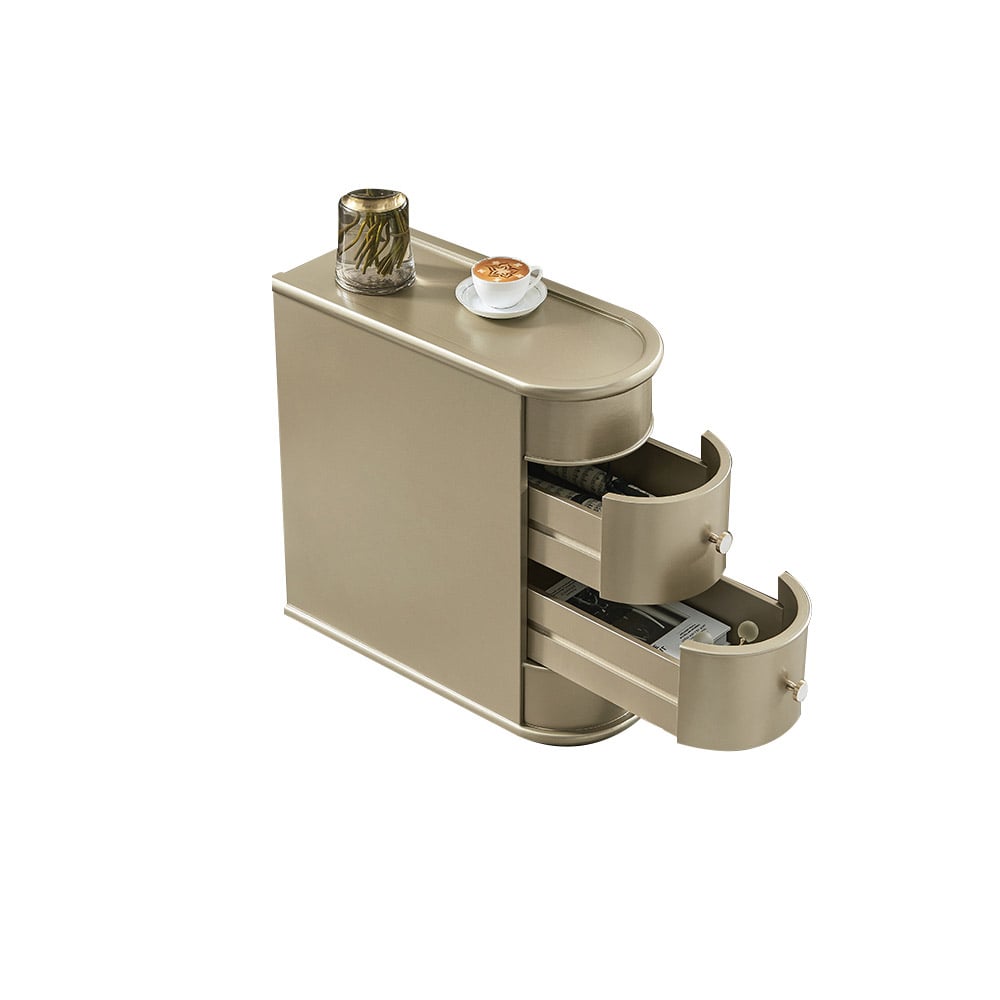 Schmaler Beistelltisch aus Holz mit 2 Schubladen in Gold Schaufensterbilder