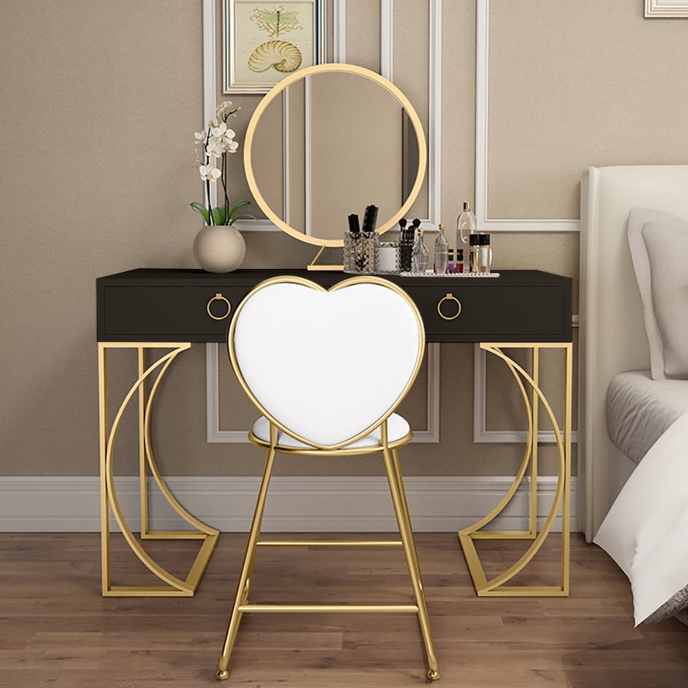 Modern Black Makeup Vanity 2-Drawer Dressing Table with Mirror & Faux Leather Stool window image