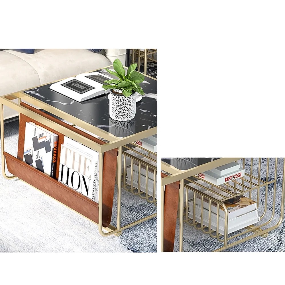 Modern Coffee Table with Shelves & Storage Marble Top White window image