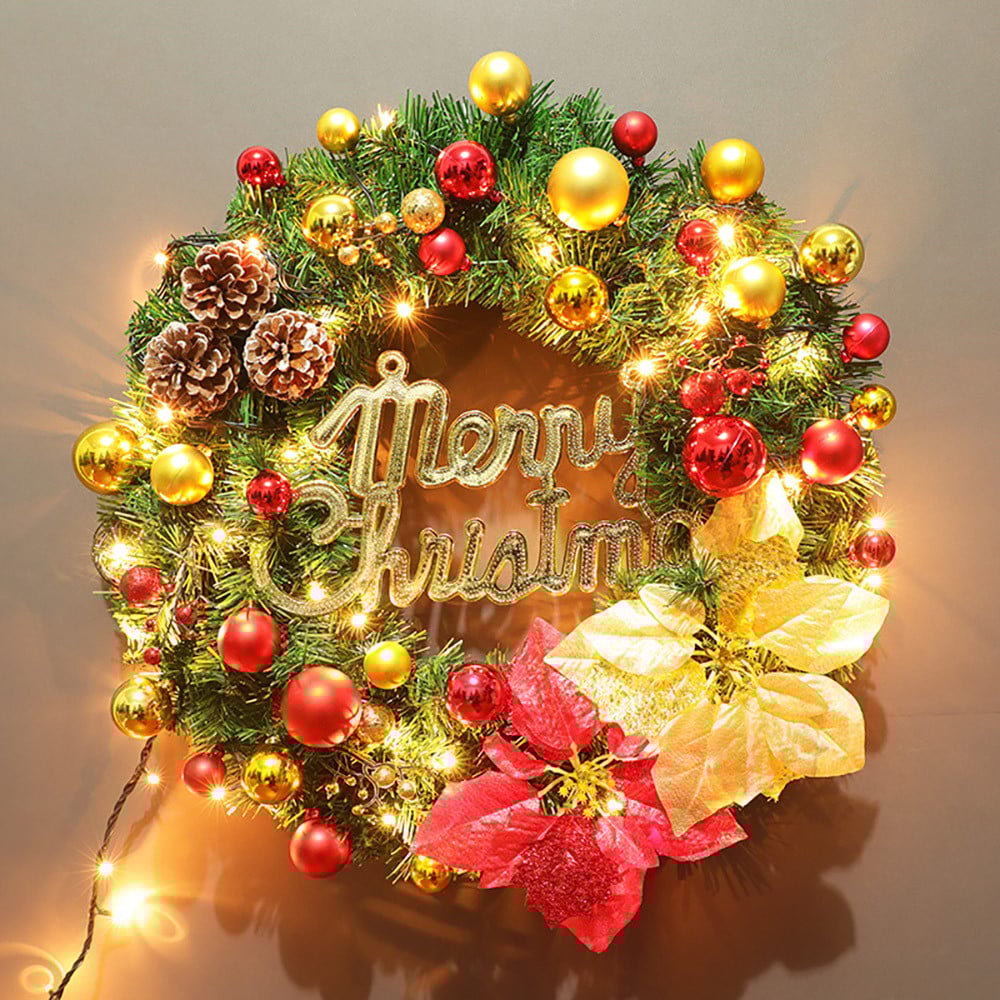 19.7" Red&Gold LED Christmas Wreath With Ball Ornaments and Pinecones C window image