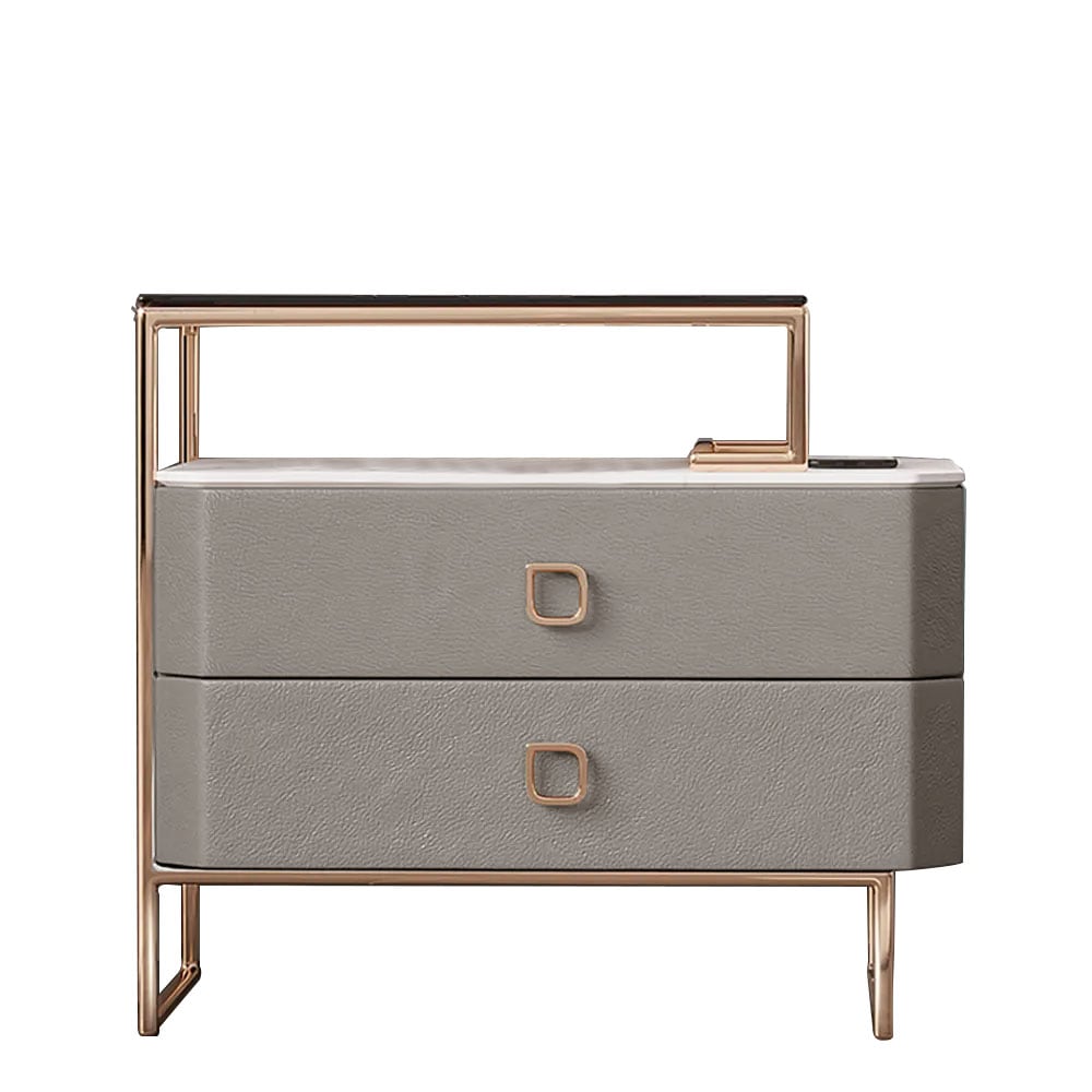 Brown Nightstand Microfiber Leather Upholstery Bedside Table with Light window image