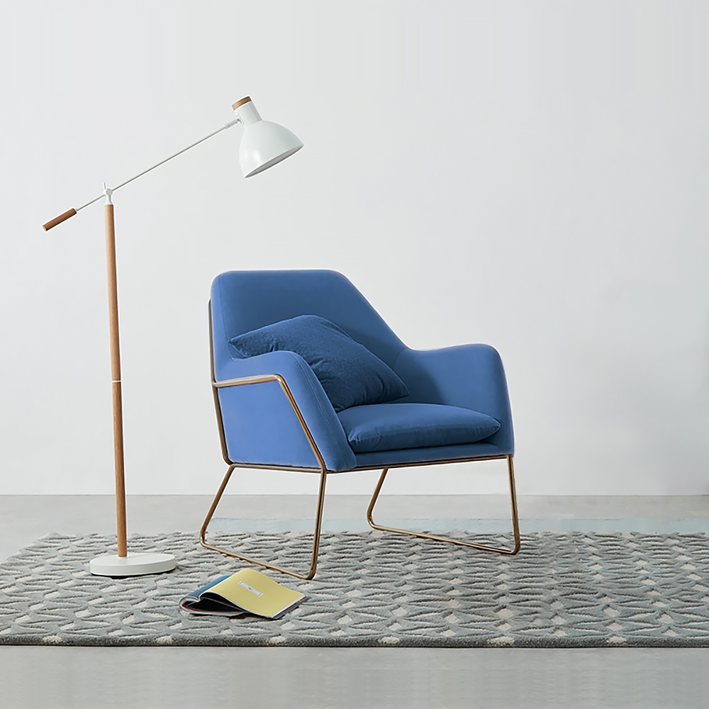 Blue Velvet Accent Chair Modern Upholstered Arm Chair with Gold Legs Pillow Included window image