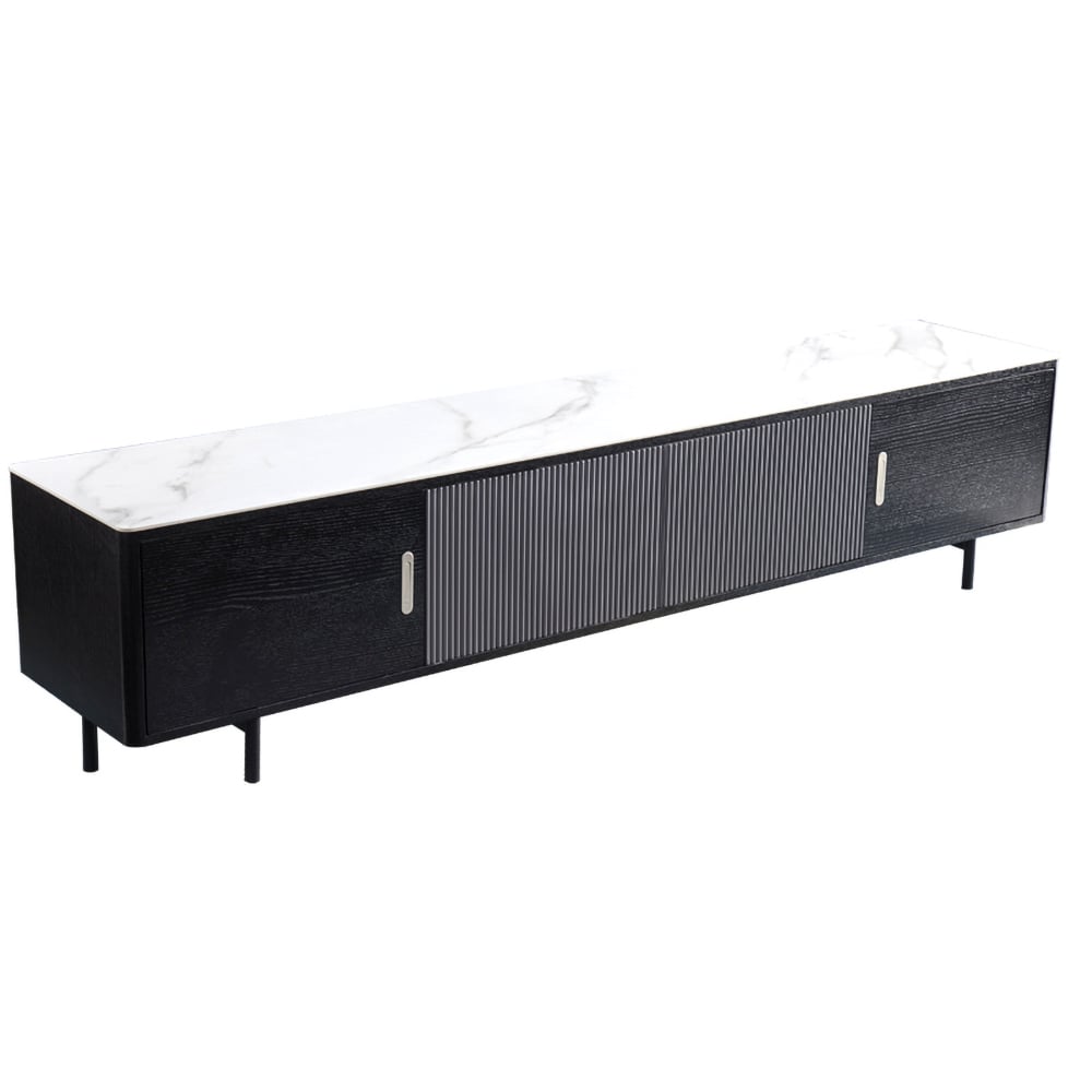 79" White TV Stand Sintered Stone Top Media Console with Folding Doors & Hidden Drawers