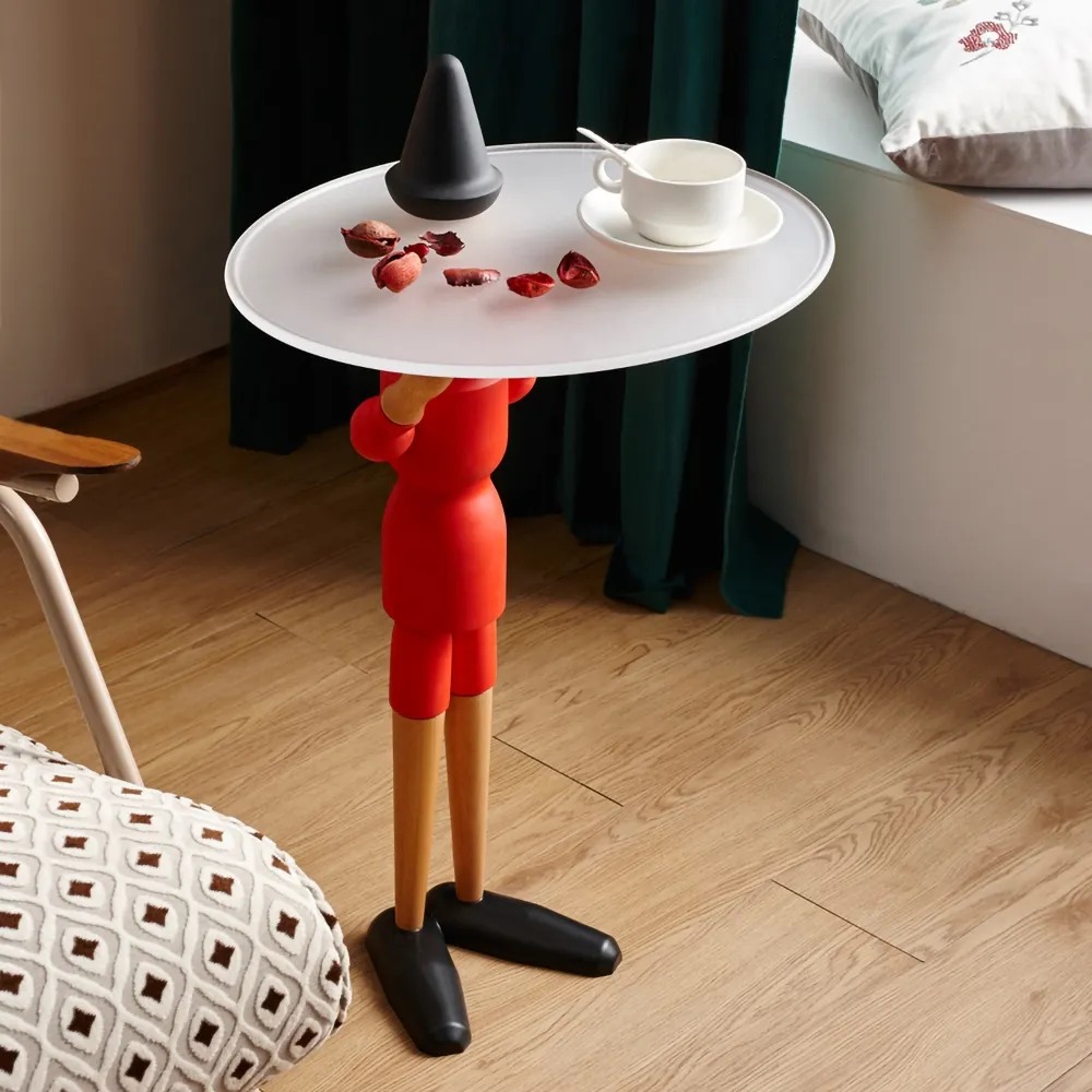 Red Standing Puppet End Table Oval Top Side Table Beech Wood window image