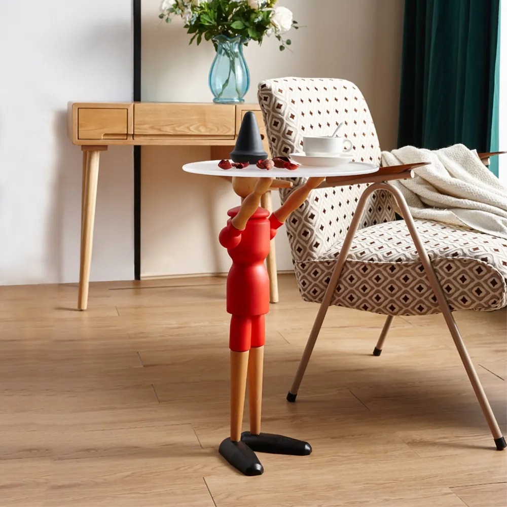 Red Standing Puppet End Table Oval Top Side Table Beech Wood window image