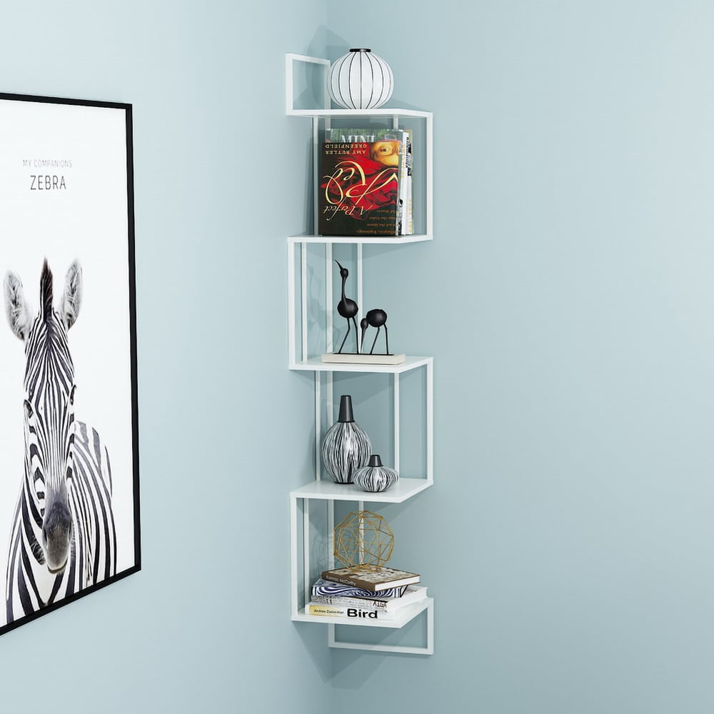 Floating Wall-Hung Bookshelf 5-Tier Storage Bookcase Office-White window image