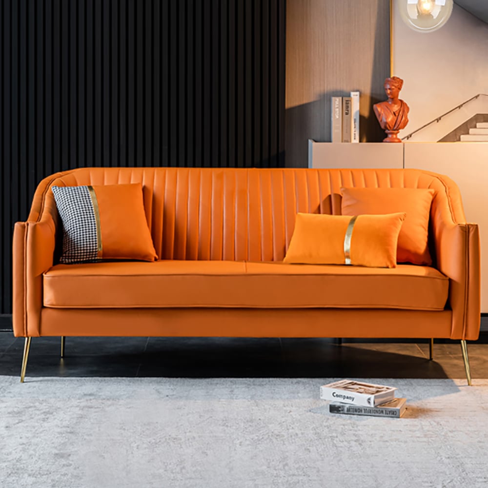 Moderne gestoffeerde bank 3-zits modern gouden poten bankkussen inbegrepen Vensterafbeelding