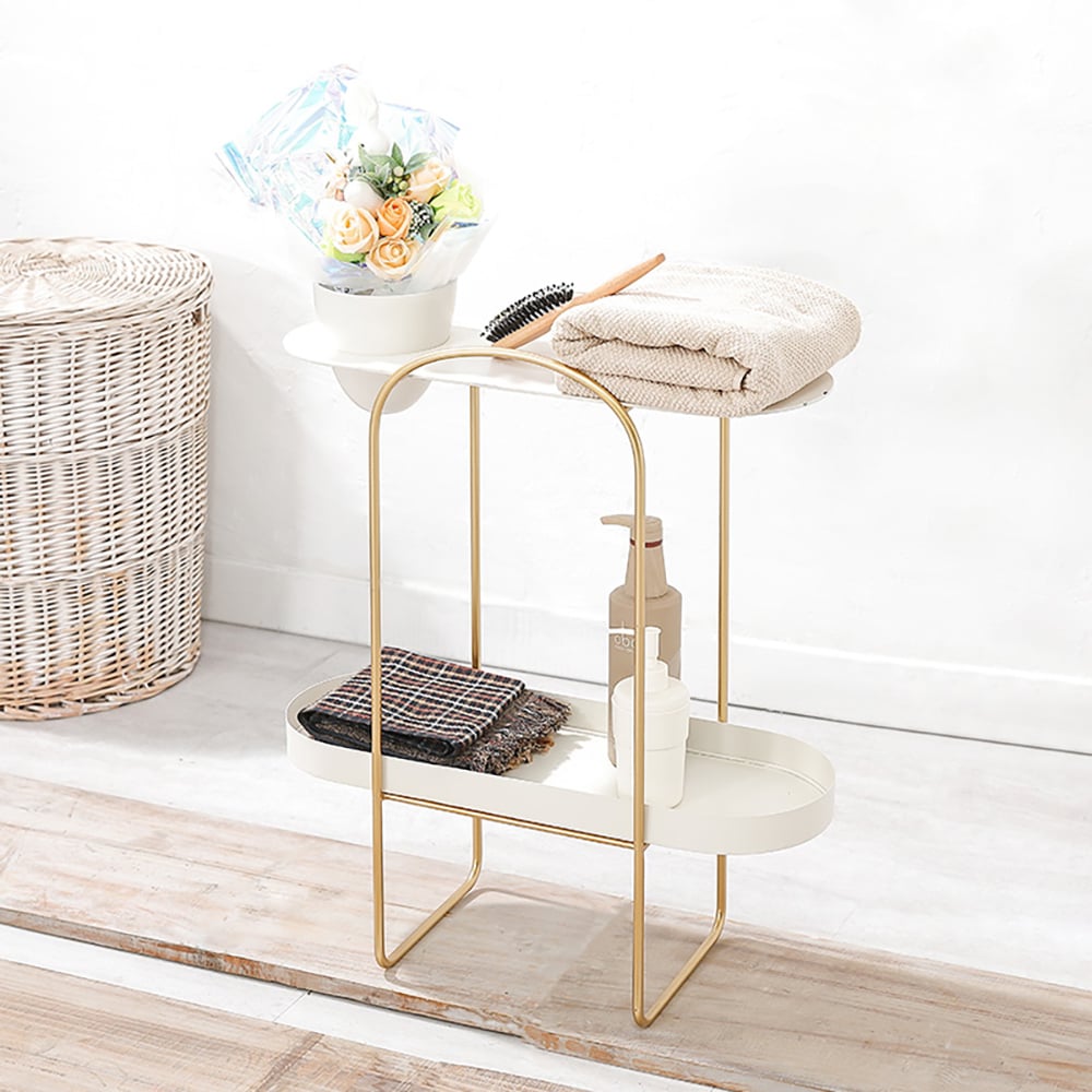 White Nordic Style Oval End Table With Planter 2-Tier Metal Storage Rack Flower Stand window image