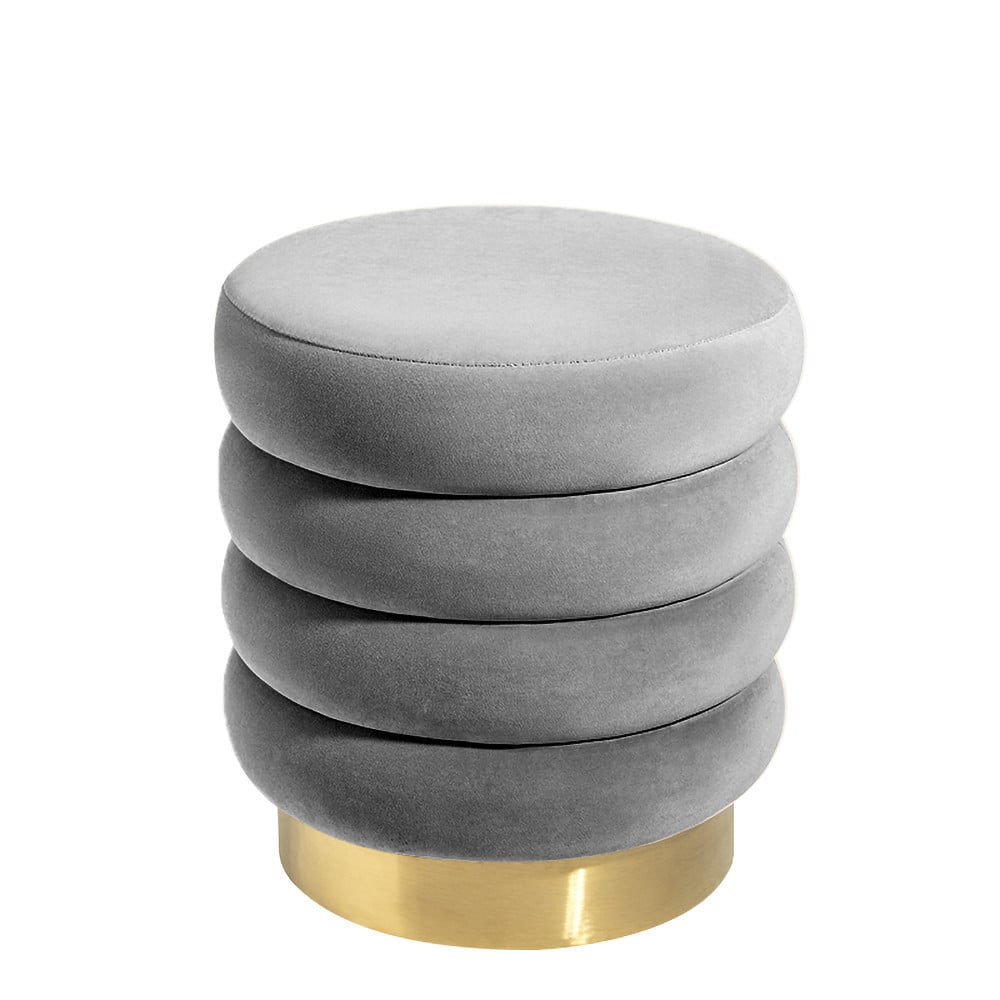 Grey Round Tufting Stool Upholstered Velvet Footrest Makeup Stool Ottoman window image