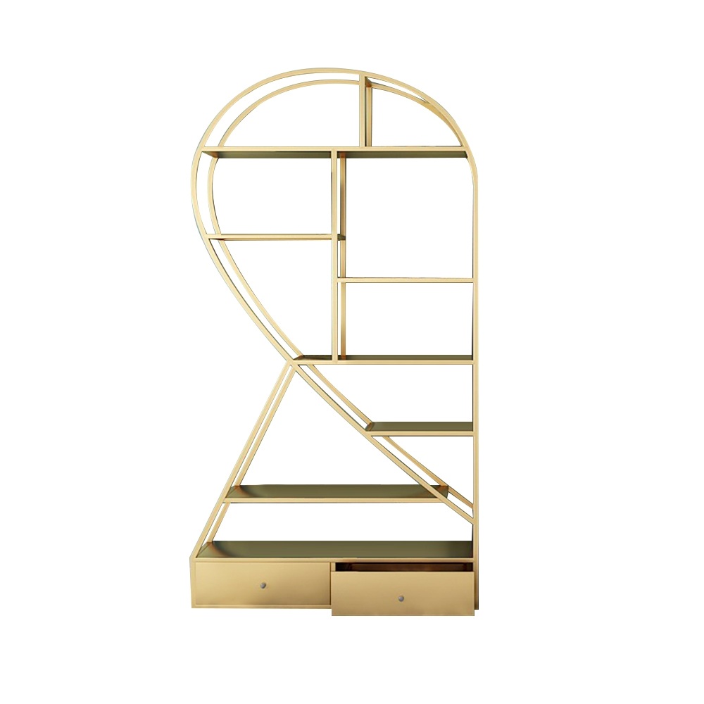 Unique Gold Metal Etagere Bookshelf with 2 Drawers Piece 1 window image