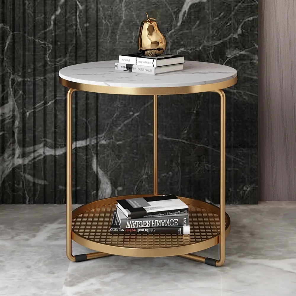 2-Tiered White Modern Round End Table with Shelf Metal Base window image