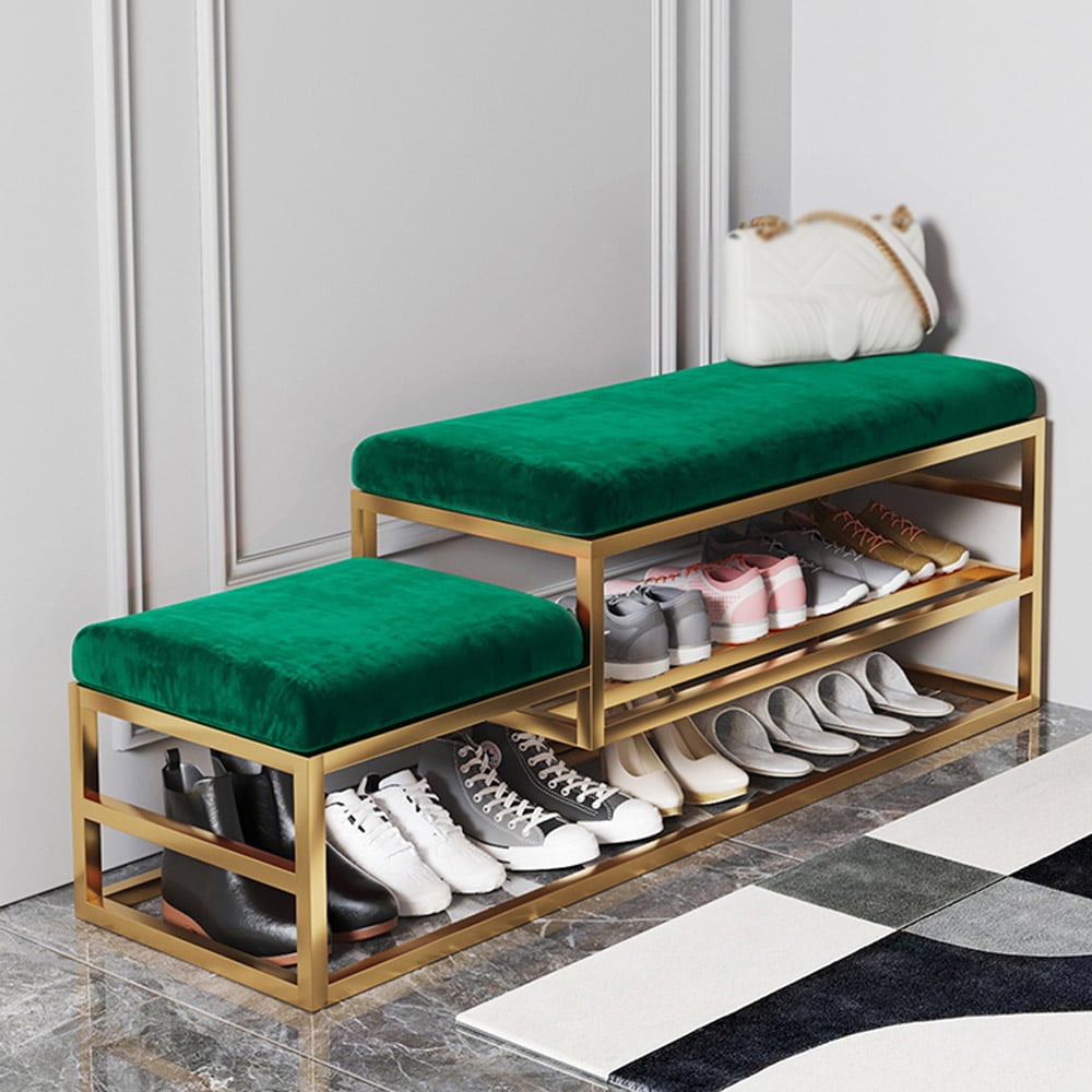 Modern Hallway Bench with Shoe Storage Velvet Upholstered Bench-Green window image