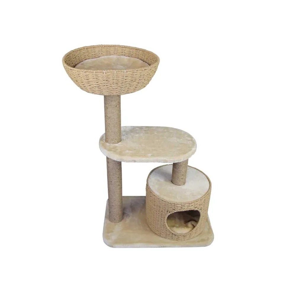 37.8" Woven Cat Tree Pet Nest and Condo Velvet Sisal Scratching Post 3 Tier window image