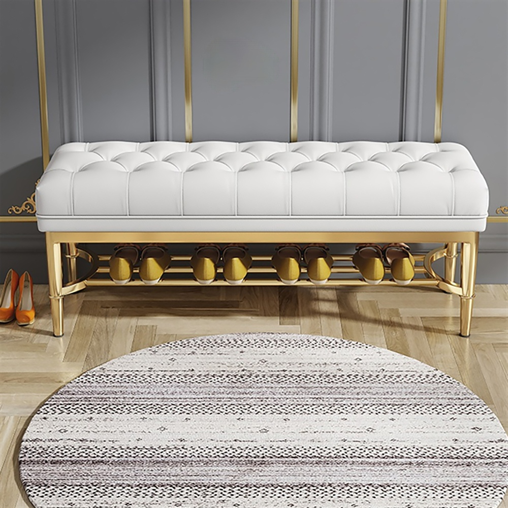 White Button Tufted Bench with Shelf Shoe Storage Faux Leather Upholstered Bench for Bedroom Entryway window image