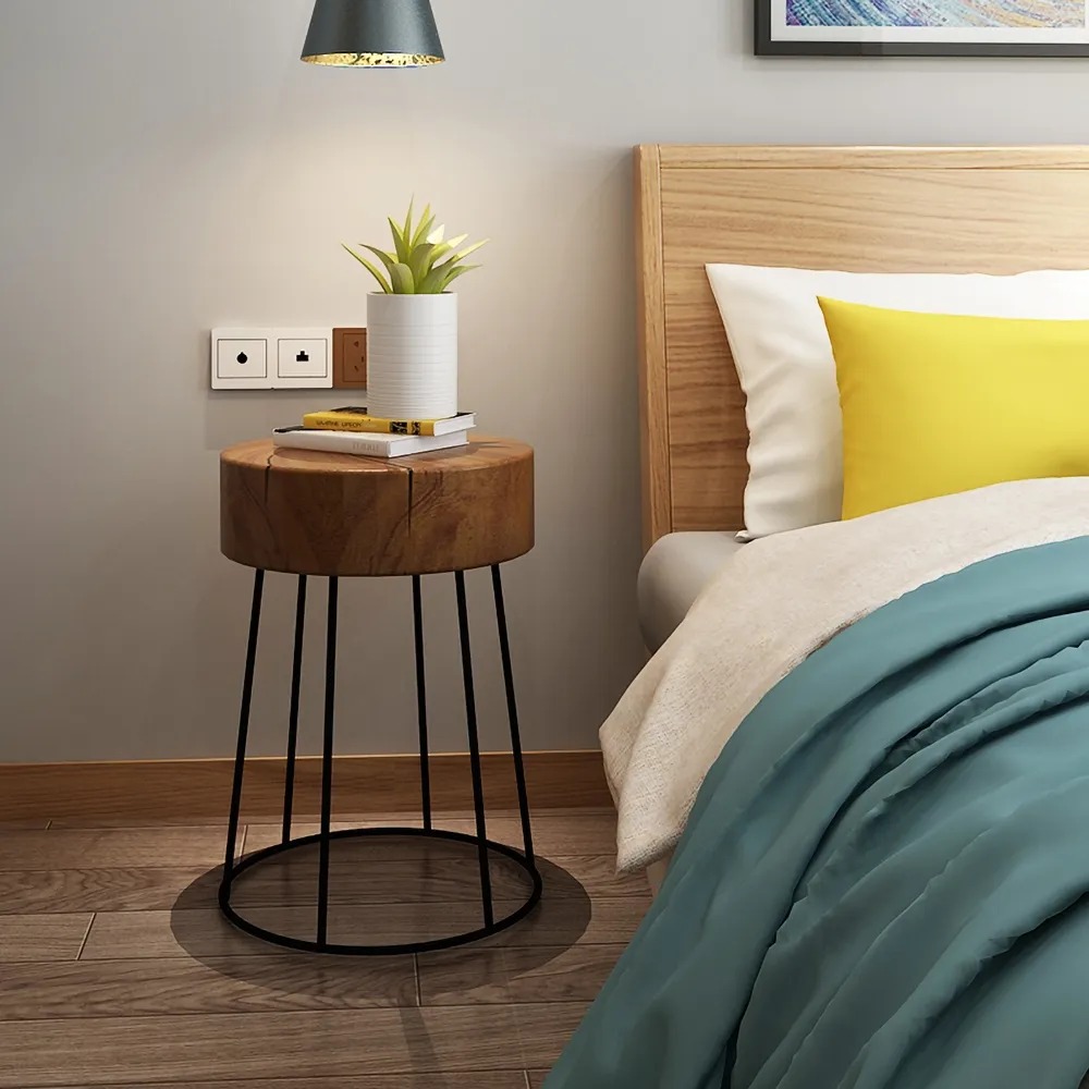 Modern Round End Table Metal Side Table with Wooden Top Walnut window image