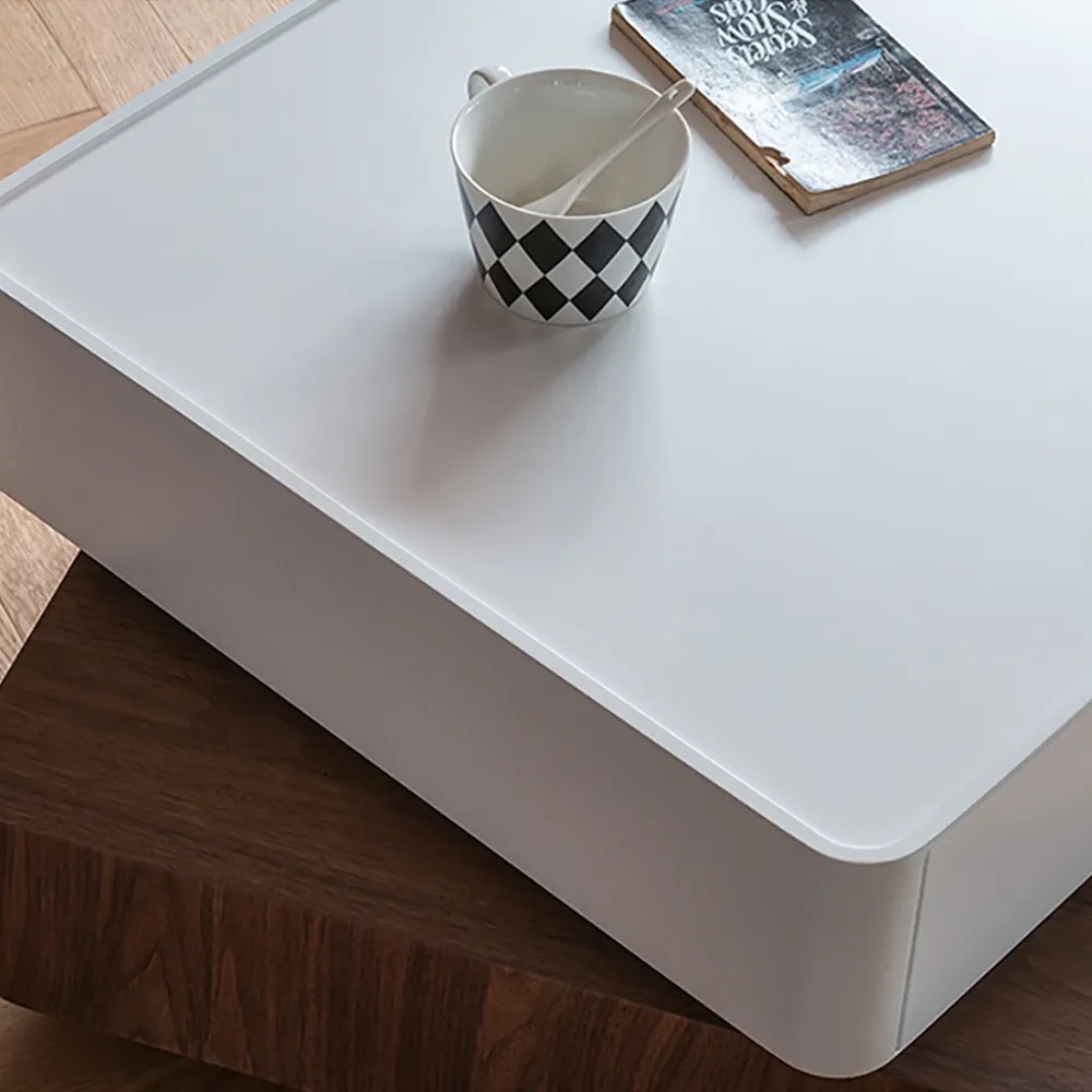 White&Walnut Square Rotating Coffee Table Modern Accent Table with 2-Drawer window image