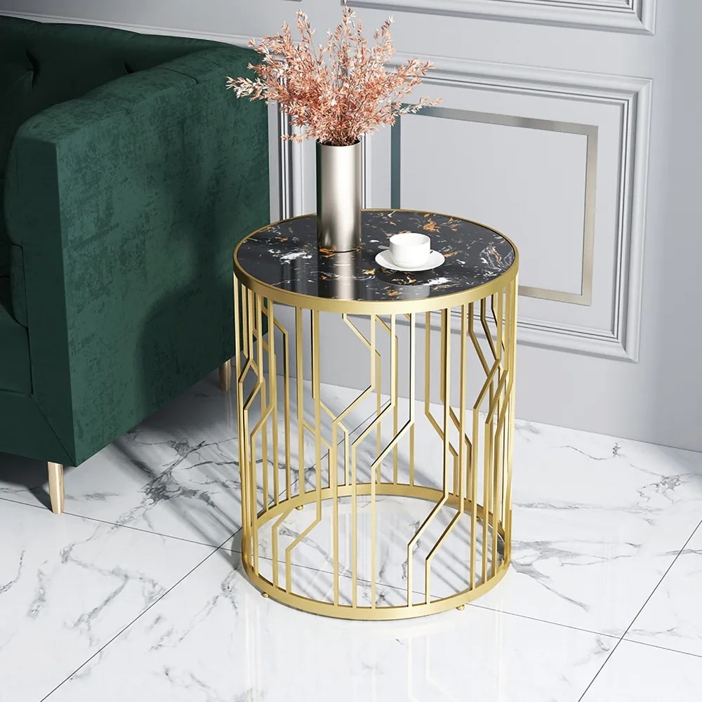 Black End Table with Marble Top Side Table Metal Frame window image