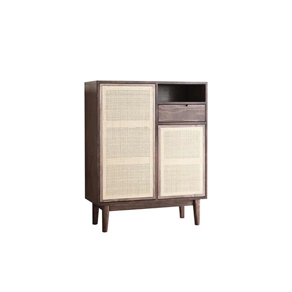 Zapatero de ratán nórdico de nogal de 880 mm, 2 puertas, 4 estantes y 1 cajón Imagen de ventana
