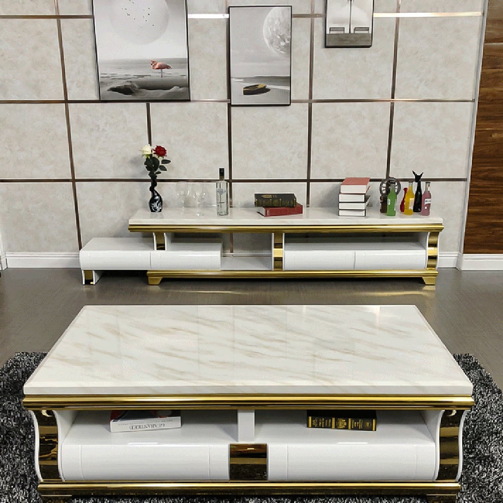 TV Stand Faux Marble Top Extendable Media Console with 4 Drawers for TVs up to 2159mm window image