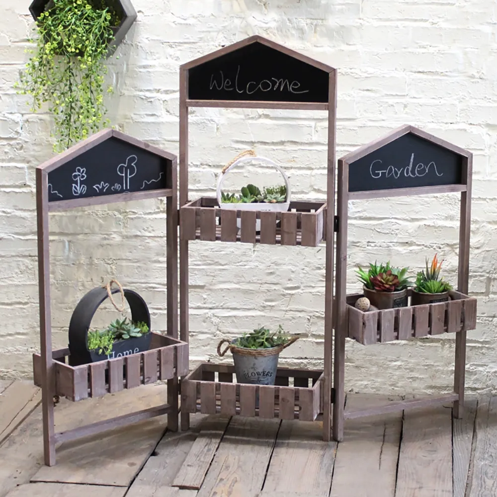 Rustic Wooden Foldable Garden Planter Stand with Blackboard window image