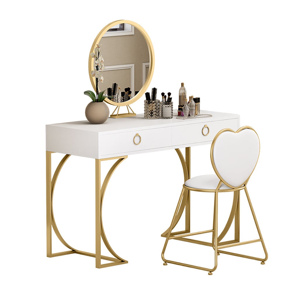 Moderne witte make-upkaptafel met 2 lades met spiegel en kunstleren kruk Vensterafbeelding