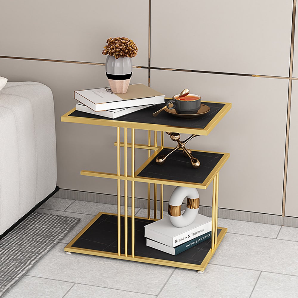 Black Rectangle End Table with Shelf Metal Frame 3-Tiers window image