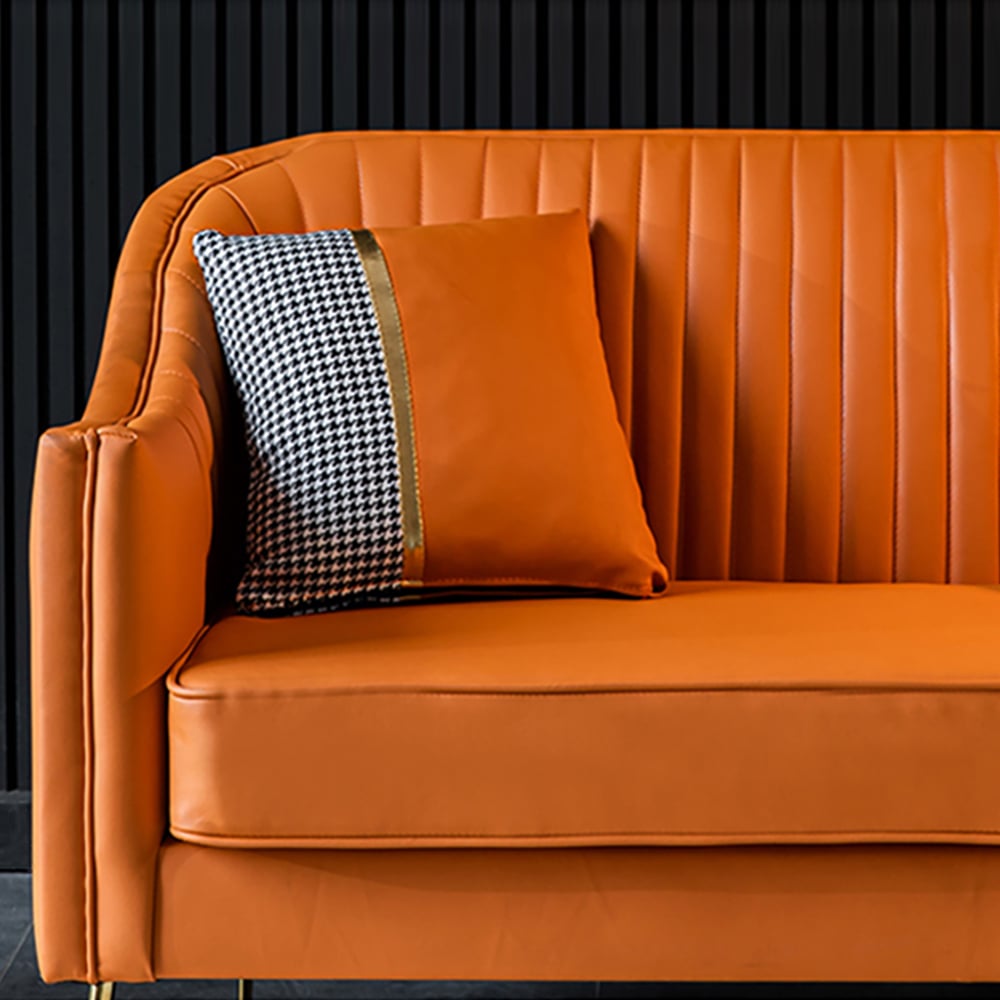 Moderne gestoffeerde bank 3-zits modern gouden poten bankkussen inbegrepen Vensterafbeelding