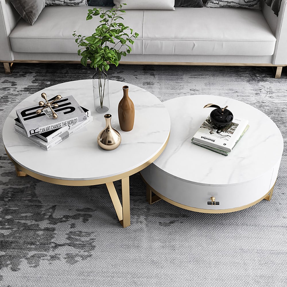 Ensemble de 2 tables basses rondes Style B avec tiroir, dessus en pierre frittée et base en métal image de fenêtre